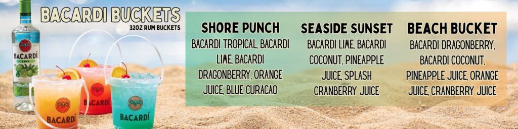 Seaside Sunset Bacardi Lime, Bacardi Coconut, Pineapple Juice, Splash cranberry Juice